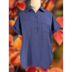CHIGANT XL Womens Navy Blue Linen look and feel 100% Cotton Short Sleeve Shirt